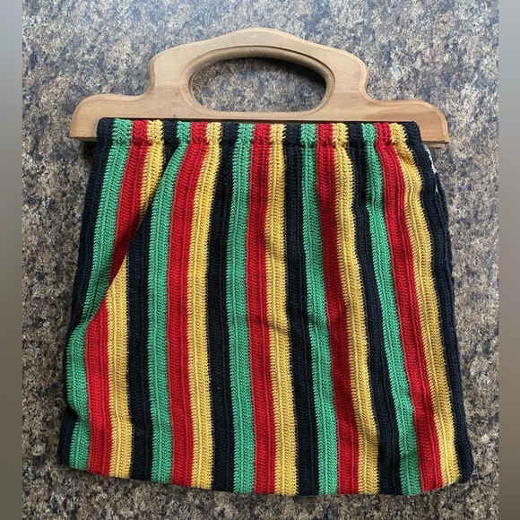 Handbags - Vintage Reggae Multicolor Striped Knit Handbag Tote Hippie Wooden Handle Bag